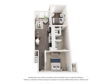 Floor plan for 2 beds, 1 bath, 726 sqft